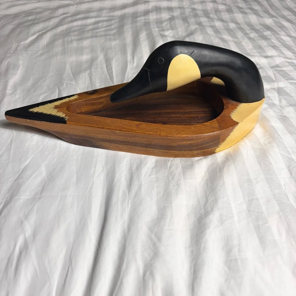 MCM handmade wooden duck head catch all dish or decorative object farmhouse
